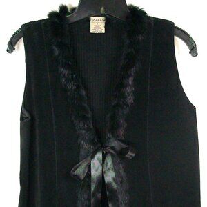 Escapade Suede Vest with Rabbit fur trim  Black with Satin Tie Large